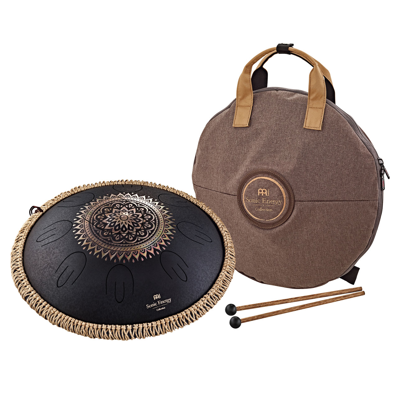 Meinl Sonic Energy Octave Steel Tongue Drum, Schwarz, graviertes Blumendesign, D Kurd